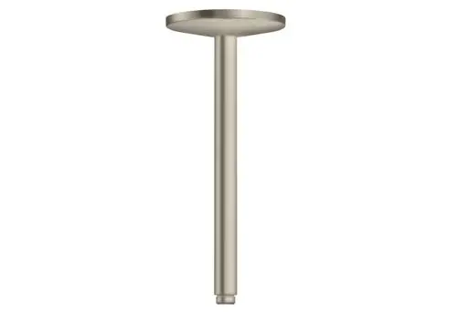 Deckenanschluss mit einer vertikalen, runden Platte und einem langen, geraden Ständer in gebürstetem Nickel, hergestellt von AXOR.
